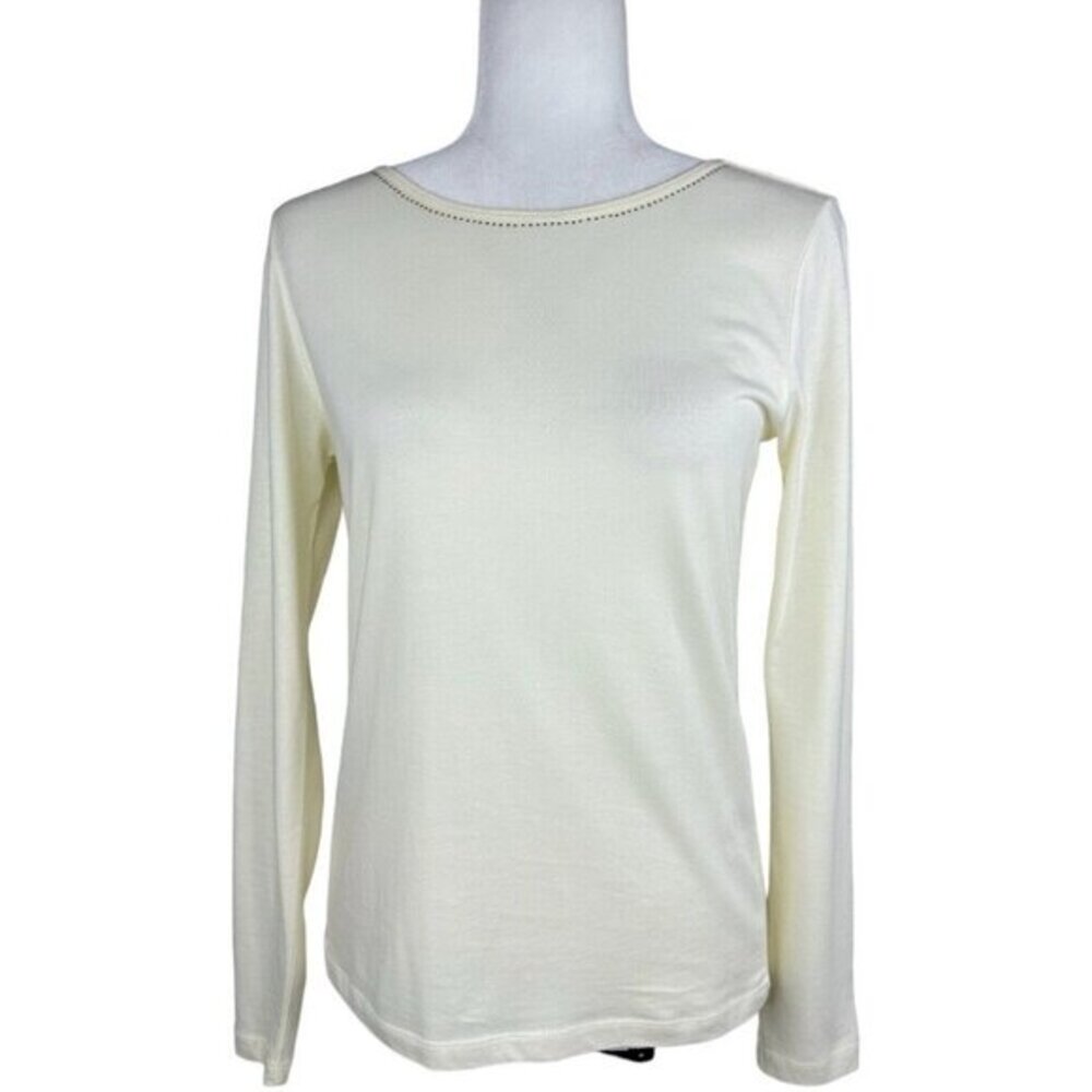 Ellen Tracy Womens Cream Studded Neckline Long Sleeve Cotton Modal Top Small